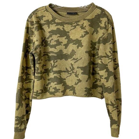 Cotton On Women's Distressed Long Sleeve Camo Cropped Sweatshirt Green Small - Picture 1 of 6